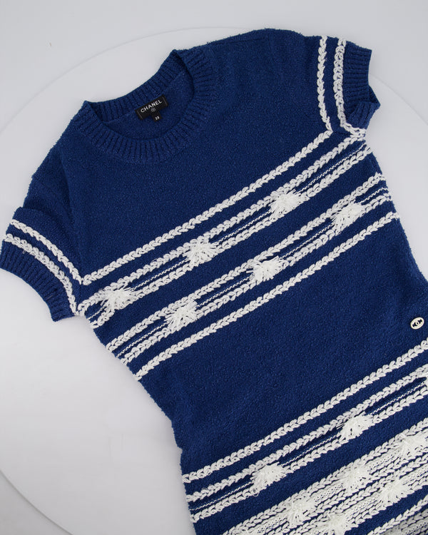 Chanel 19P Blue and White Knitted Midi Dress with CC Detail Size FR 38 (UK 10)