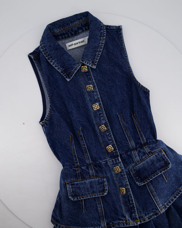 Self-Portrait Denim Gilet & Pleated Skirt Set with Multicolour Buttons Detail Size (UK 6)