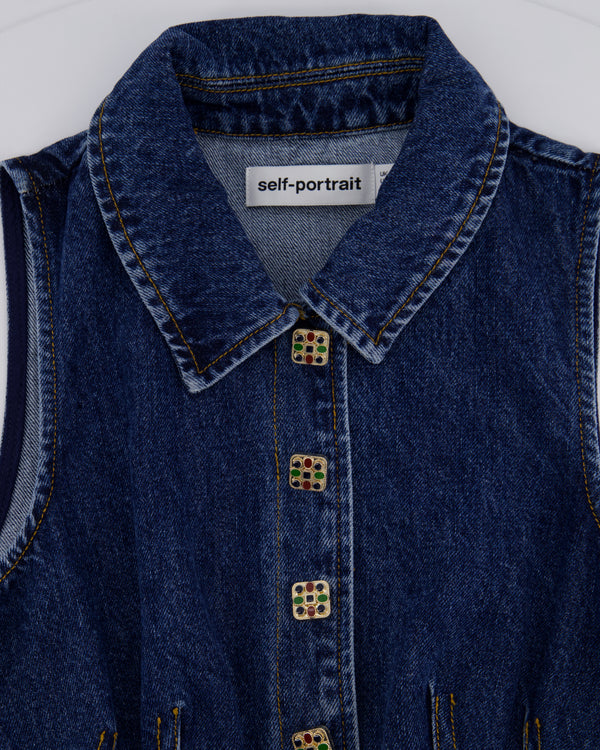 Self-Portrait Denim Gilet & Pleated Skirt Set with Multicolour Buttons Detail Size (UK 6)