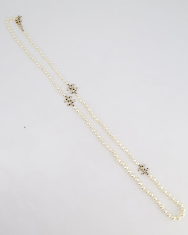 *HOT* Chanel White Pearls Long Necklace with Multiple Crystal CC Charms Detail