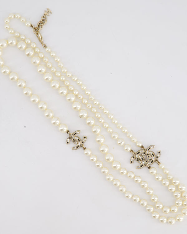 *HOT* Chanel White Pearls Long Necklace with Multiple Crystal CC Charms Detail