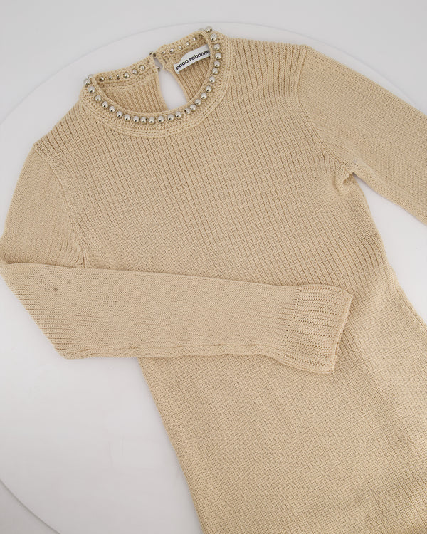 Paco Rabanne Beige Knitted Long Sleeve Dress with Silver Studs Detail Size M (UK 8-10)