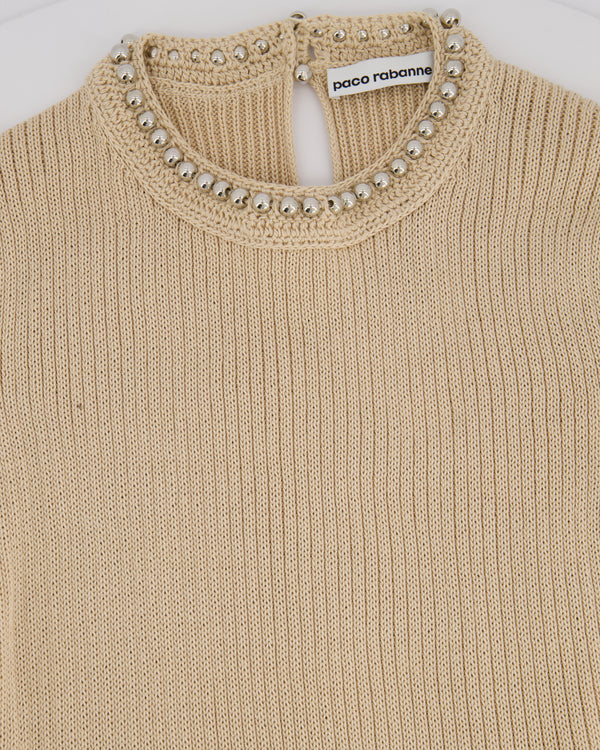 Paco Rabanne Beige Knitted Long Sleeve Dress with Silver Studs Detail Size M (UK 8-10)