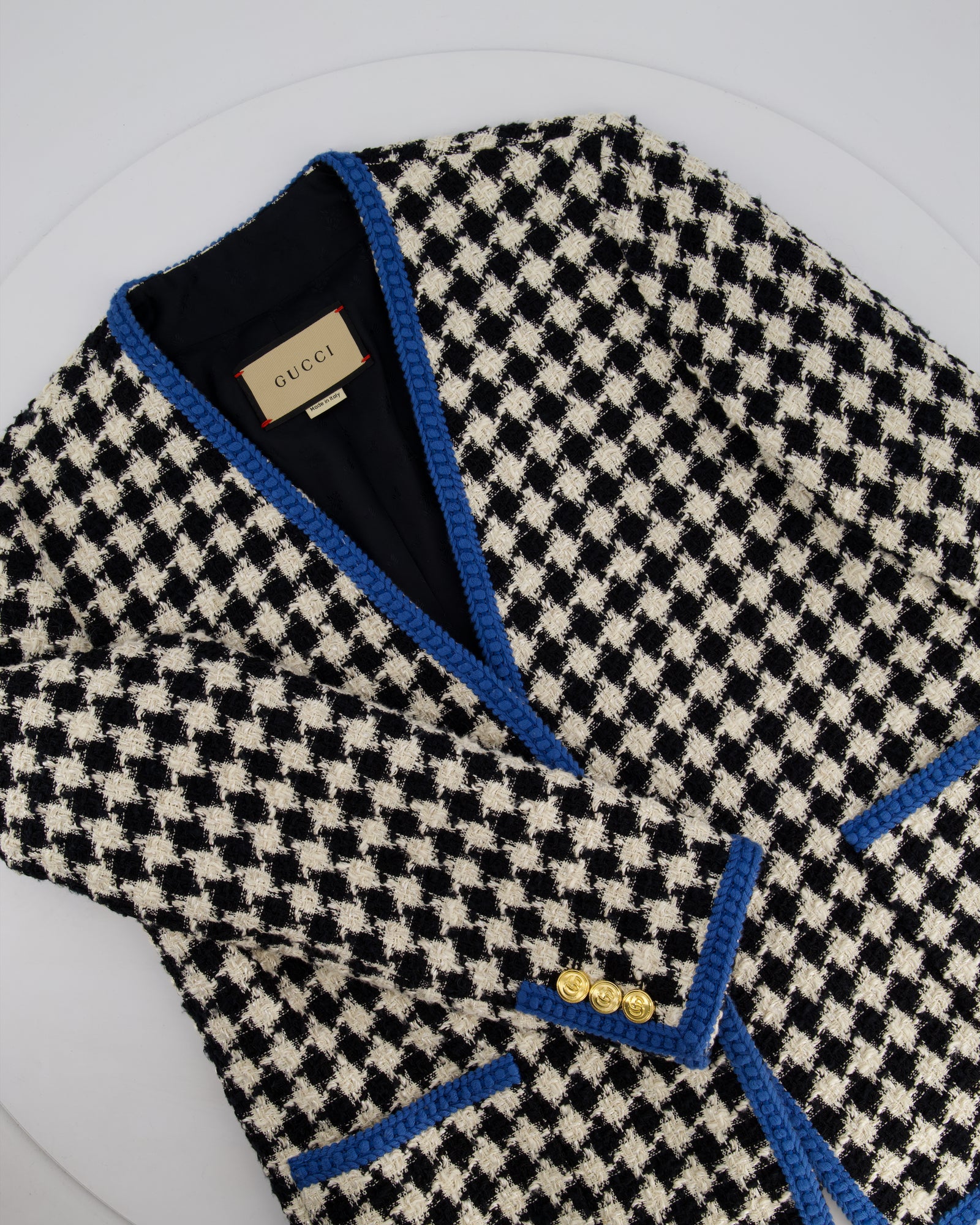 Gucci Black & White Houndstooth Wool Jacket with Electric