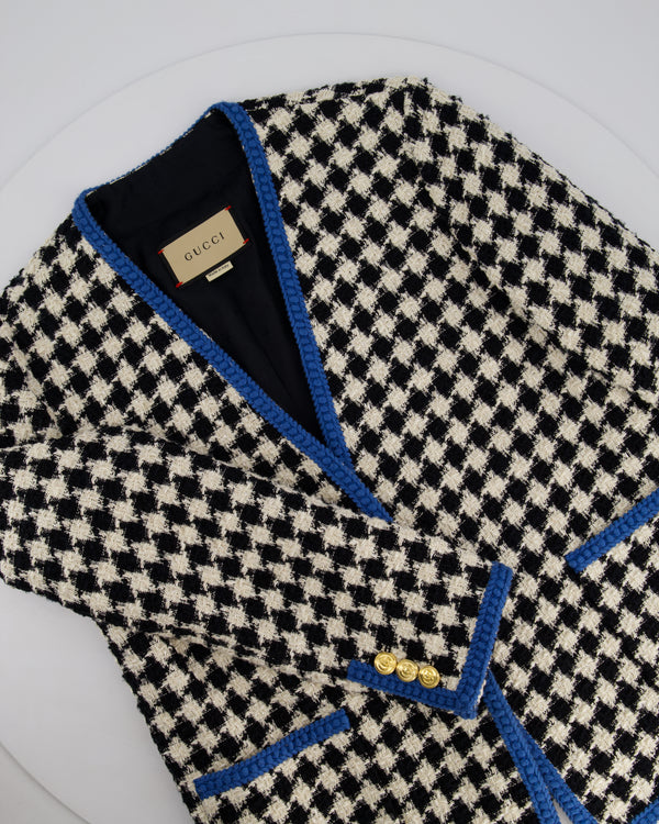 Gucci Black & White Houndstooth Wool Jacket with Electric Blue Thread Detail Size IT 36 (UK 4)
