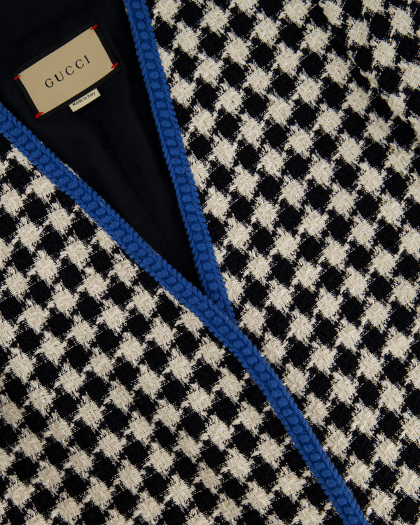 Gucci Black & White Houndstooth Wool Jacket with Electric Blue Thread Detail Size IT 36 (UK 4)