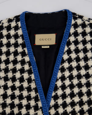 Gucci Black & White Houndstooth Wool Jacket with Electric Blue Thread Detail Size IT 36 (UK 4)