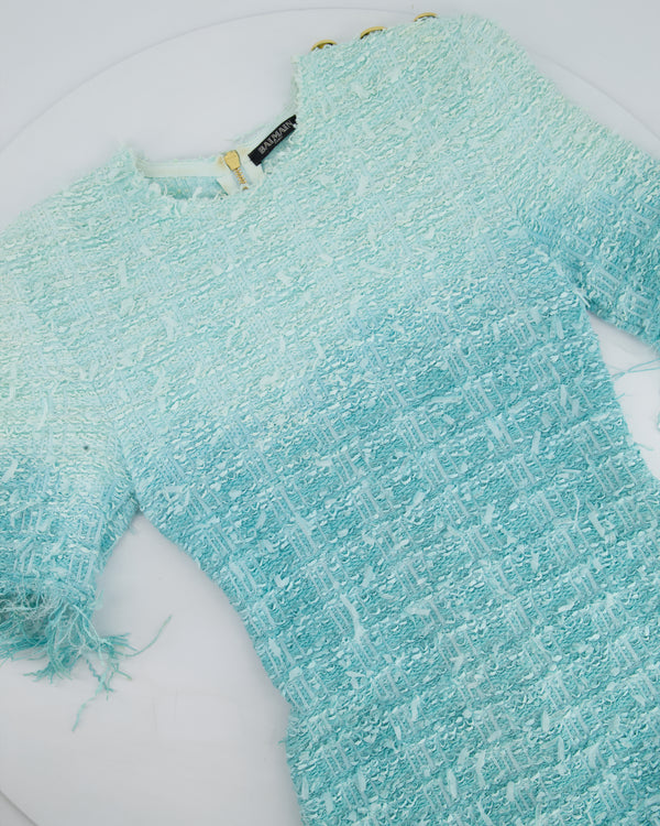 Balmain Light Blue Short Sleeve Tweed Short Dress with Fringes & Gold Buttons Detail Size FR 38 (UK 10)