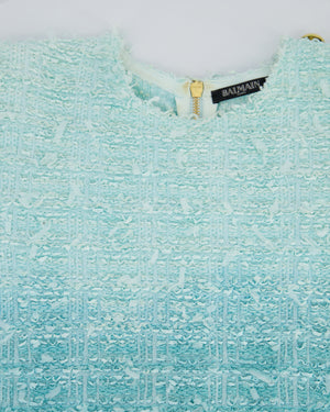 Balmain Light Blue Short Sleeve Tweed Short Dress with Fringes & Gold Buttons Detail Size FR 38 (UK 10)