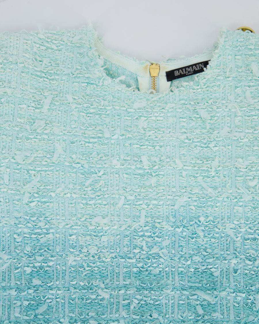 Balmain Light Blue Short Sleeve Tweed Short Dress with Fringes & Gold Buttons Detail Size FR 38 (UK 10)