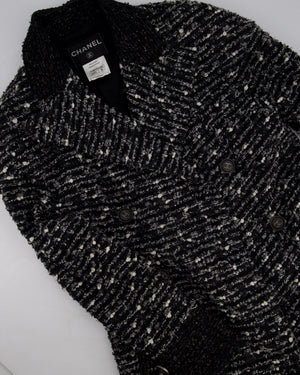 Chanel Black, Grey & White Tweed Double Breasted Jacket with Black CC Logo Buttons Size FR 36 (UK 8)