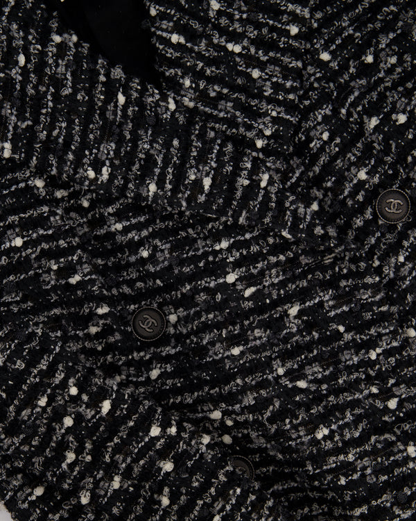 Chanel Black, Grey & White Tweed Double Breasted Jacket with Black CC Logo Buttons Size FR 36 (UK 8)
