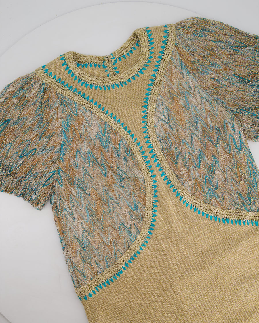 Missoni Gold & Turquoise Woven Short Dress with Patterns Detail Size IT 38 (UK 6)