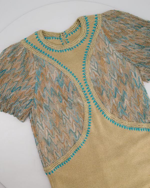 Missoni Gold & Turquoise Woven Short Dress with Patterns Detail Size IT 38 (UK 6)