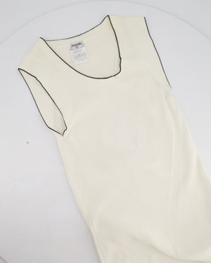 Chanel 08P Cream Sleeveless Knitted Short Dress with Silver CC Logo Button and Navy Hem Details Size FR 36 (UK 8)