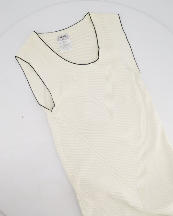 Chanel 08P Cream Sleeveless Knitted Short Dress with Silver CC Logo Button and Navy Hem Details Size FR 36 (UK 8)