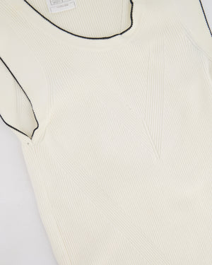 Chanel 08P Cream Sleeveless Knitted Short Dress with Silver CC Logo Button and Navy Hem Details Size FR 36 (UK 8)