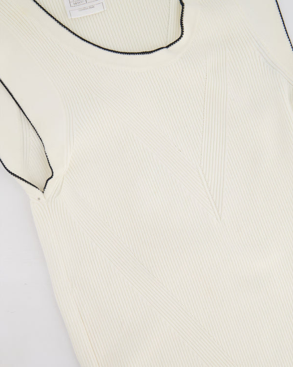 Chanel 08P Cream Sleeveless Knitted Short Dress with Silver CC Logo Button and Navy Hem Details Size FR 36 (UK 8)