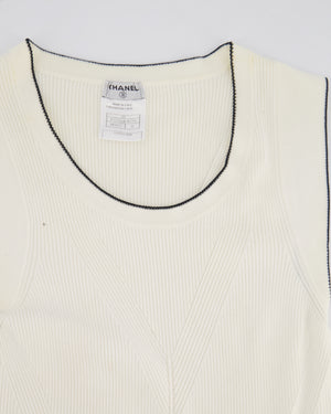 Chanel 08P Cream Sleeveless Knitted Short Dress with Silver CC Logo Button and Navy Hem Details Size FR 36 (UK 8)