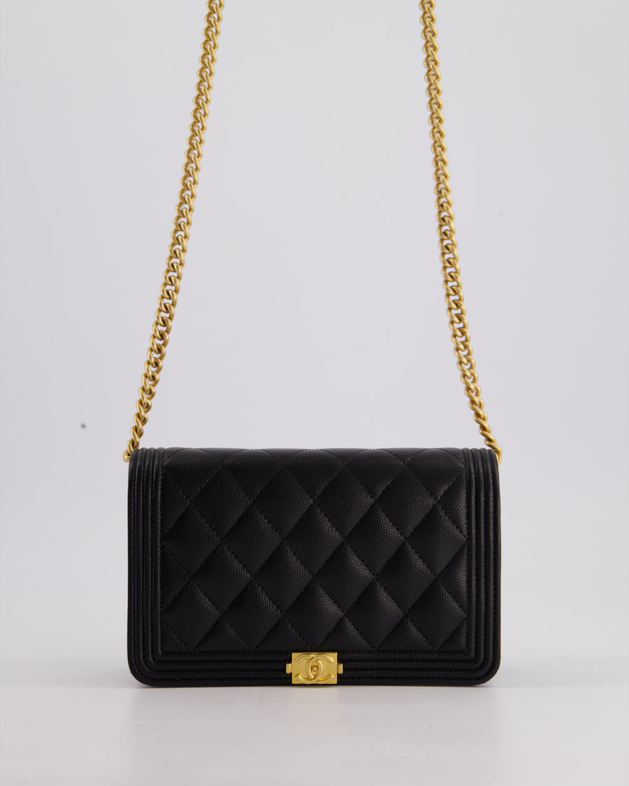 *HOT* Chanel Black Boy Wallet on Chain in Caviar Leather with Brushed Gold Hardware