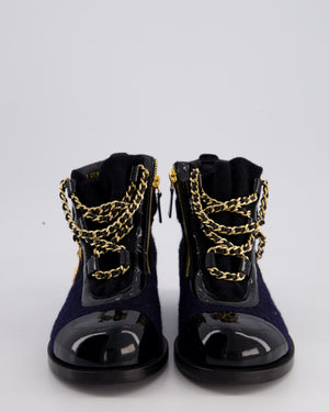 Chanel 15A Navy Blue and Black Wool With Salzburg Gold Charm Ankle Boots Size EU 37