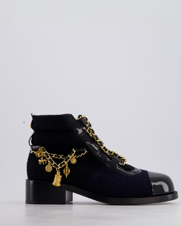 Chanel 15A Navy Blue and Black Wool With Salzburg Gold Charm Ankle Boots Size EU 37