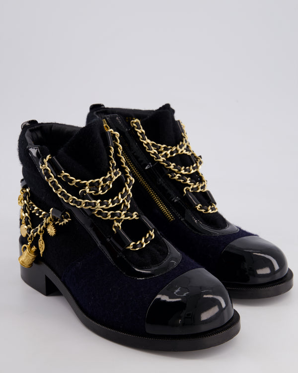 Chanel 15A Navy Blue and Black Wool With Salzburg Gold Charm Ankle Boots Size EU 37