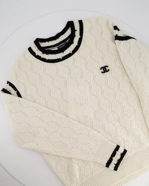 Chanel 22C Two-tone Distressed Cashmere Blend Argyle Pointelle CC Logo Pullover Sweater Size 38 (UK 10)