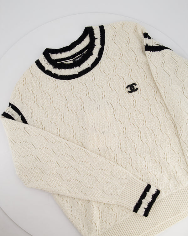 Chanel 22C Two-tone Distressed Cashmere Blend Argyle Pointelle CC Logo Pullover Sweater Size 38 (UK 10)