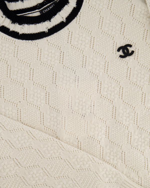 Chanel 22C Two-tone Distressed Cashmere Blend Argyle Pointelle CC Logo Pullover Sweater Size 38 (UK 10)