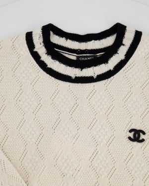 Chanel 22C Two-tone Distressed Cashmere Blend Argyle Pointelle CC Logo Pullover Sweater Size 38 (UK 10)