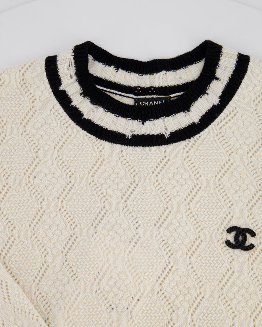 Chanel 22C Two-tone Distressed Cashmere Blend Argyle Pointelle CC Logo Pullover Sweater Size 38 (UK 10)