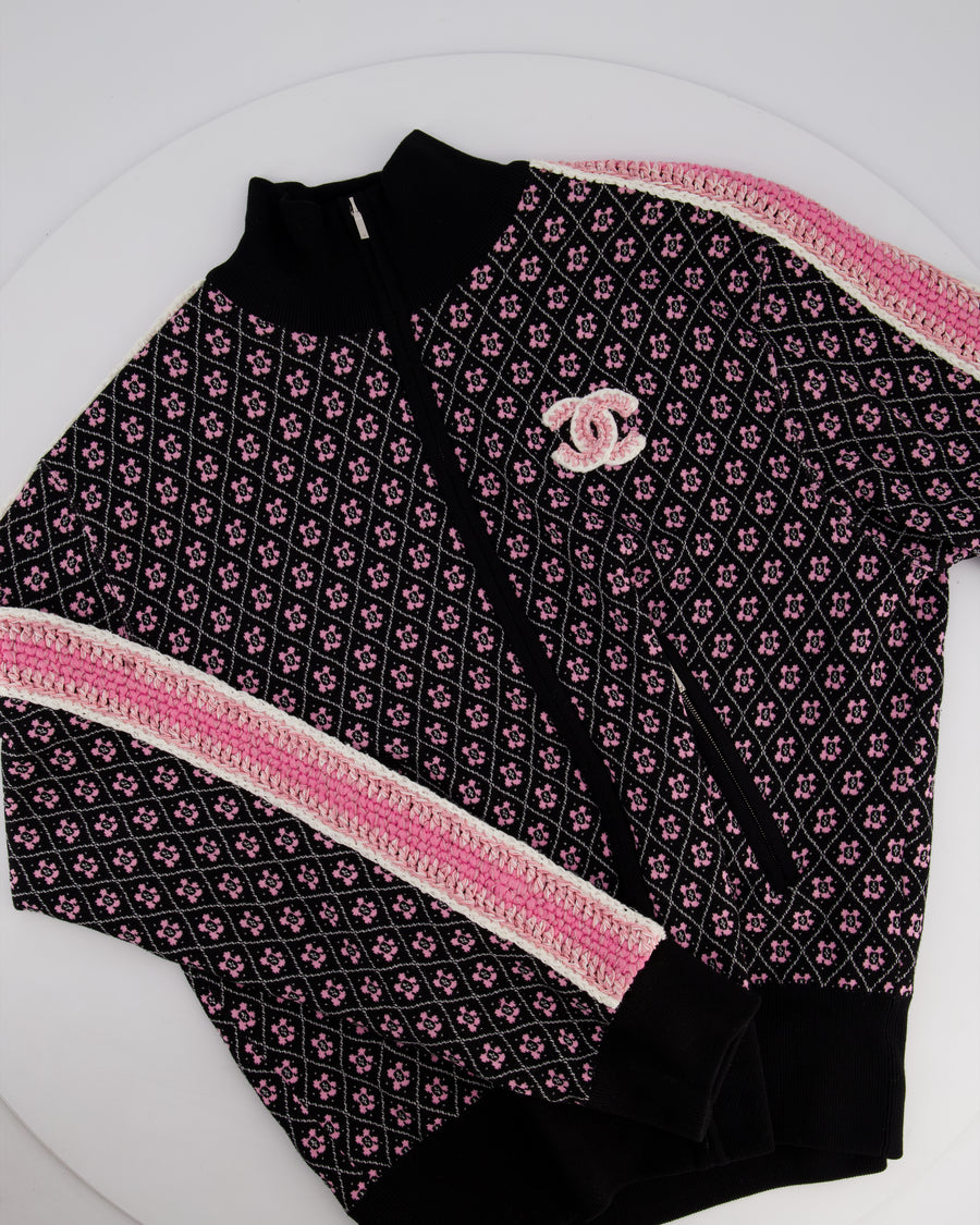 Chanel 23K Pink and Black Two-Piece Knit Tracksuit with Monogram Detail Set Size FR 42 (UK 14) / FR 44 ( UK 16)