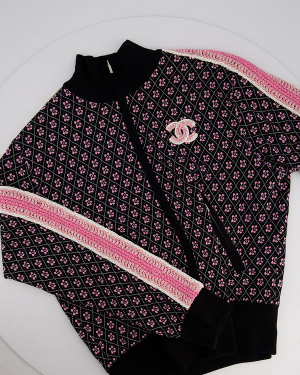 Chanel 23K Pink and Black Two-Piece Knit Tracksuit with Monogram Detail Set Size FR 42 (UK 14) / FR 44 ( UK 16)