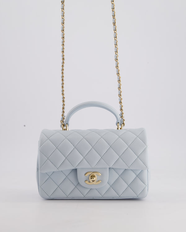 *HOT* Chanel Baby Blue Mini Rectangular Top Handle Bag in Lambskin Leather with Champagne Gold Hardware