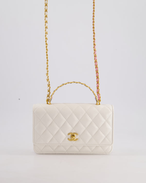 Chanel SS23 White Quilted Top Handle Wallet on Chain Bag with Gold Hardware and Rainbow Chain Strap