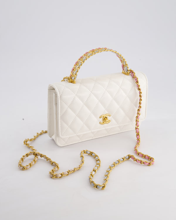 Chanel SS23 White Quilted Top Handle Wallet on Chain Bag with Gold Hardware and Rainbow Chain Strap