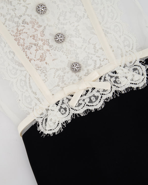 Miu Miu Black and White Sleeveless Mini Dress with Lace Detail and Crystal Buttons Size IT 38 (UK 6)