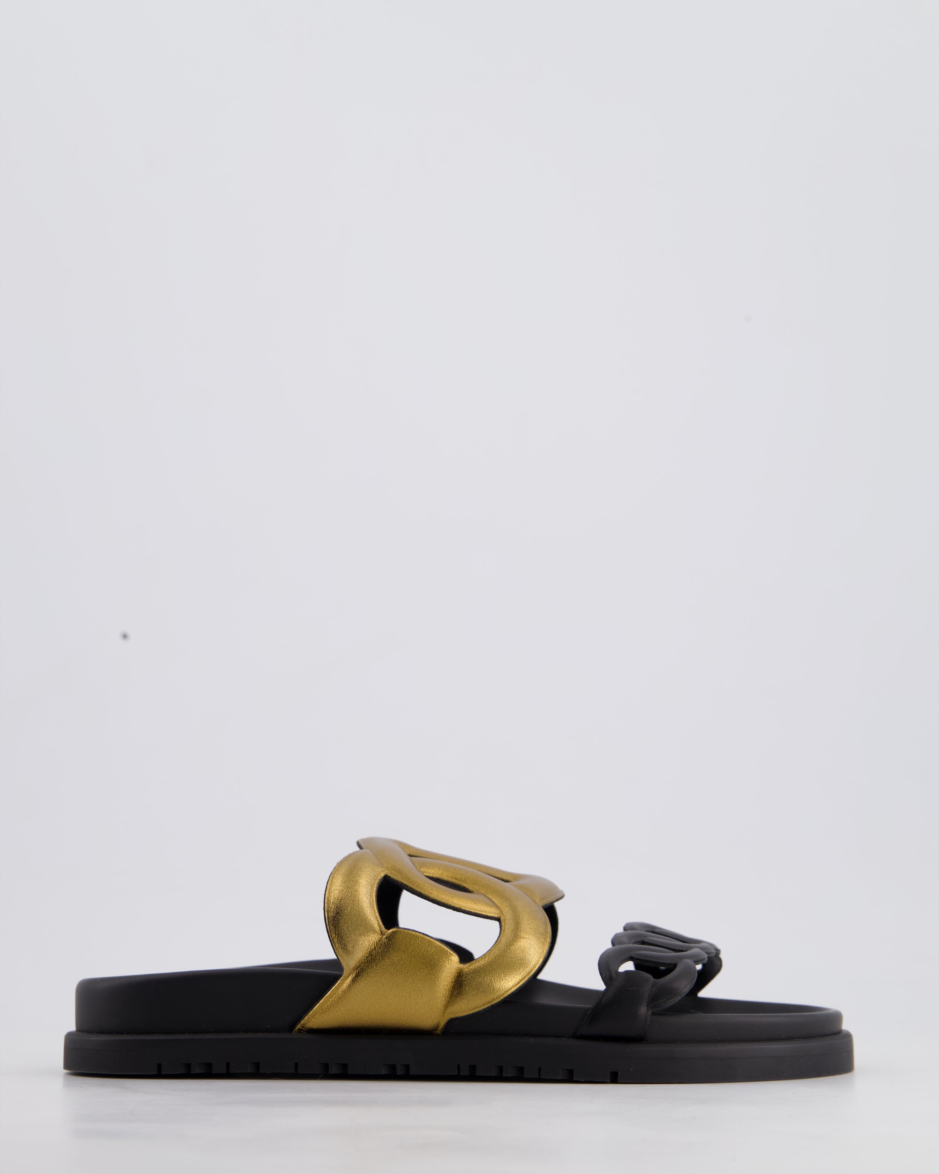 Hermès Extra Sandals in Black and Gold Calfskin Size EU 37