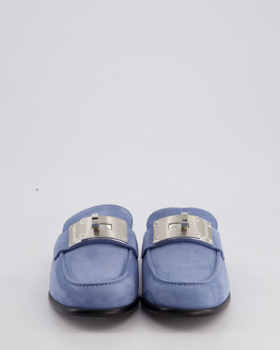 Hermès Light Blue Suede Lota Mules with Palladium Hardware Size EU 37