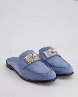 Hermès Light Blue Suede Lota Mules with Palladium Hardware Size EU 37