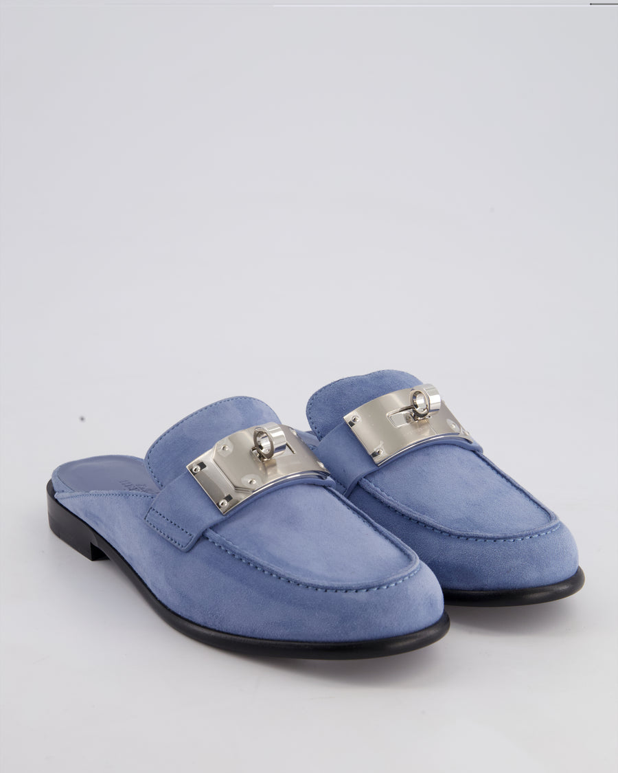 Hermès Light Blue Suede Lota Mules with Palladium Hardware Size EU 37