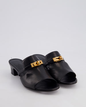 Hermès Candy Sandals in Black Calfskin Leather with Rose Gold Kelly Clasp Size EU 37