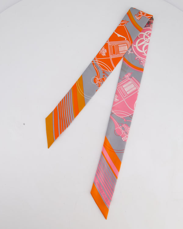 Hermès Grey Colour Super Silk Ex-libris Pattern Design Twilly