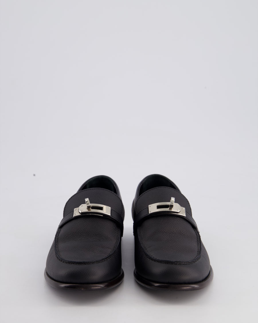 Hermès Black Satin Destin Loafers with Palladium Kelly Clasp Detail Size EU 36.5