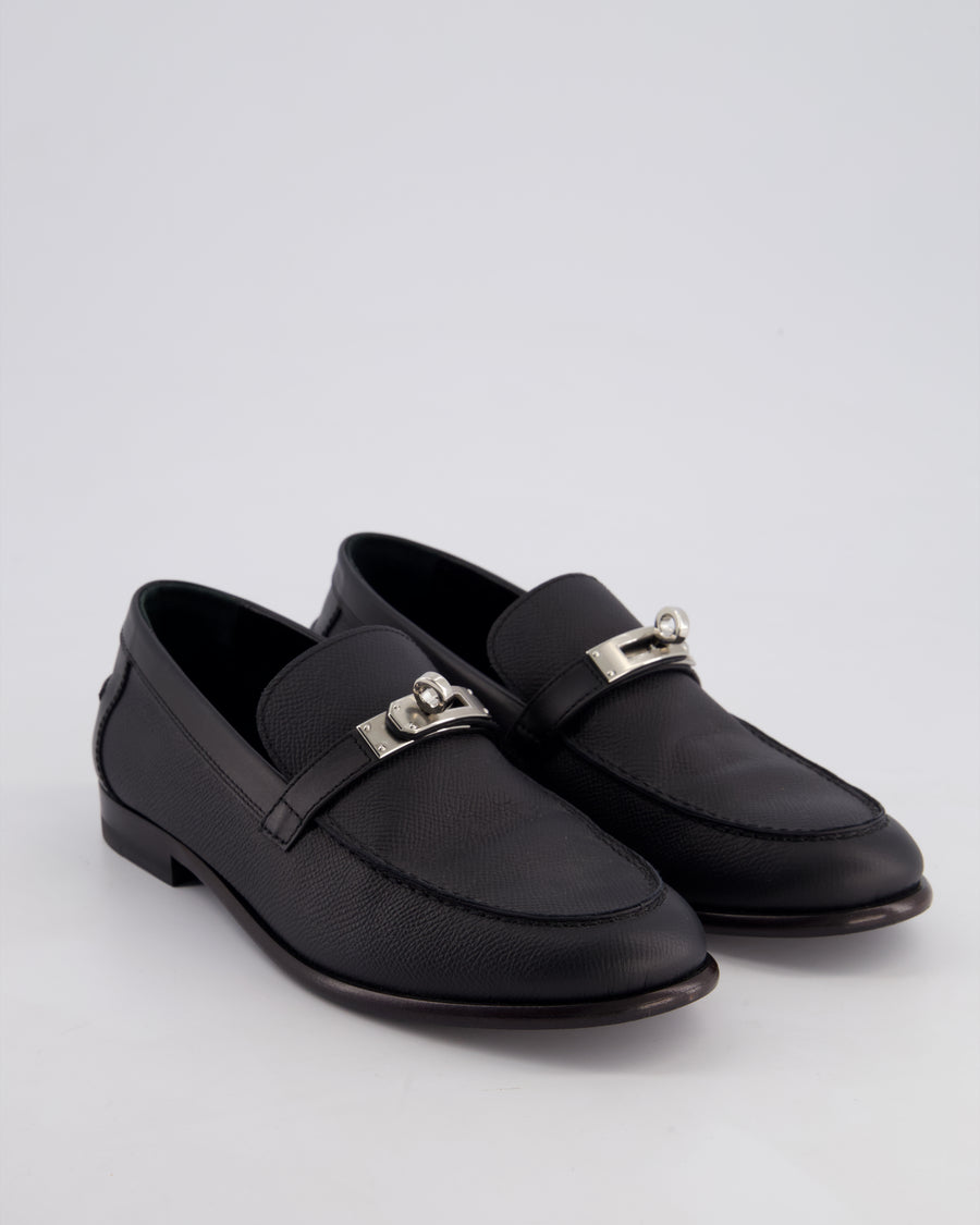 Hermès Black Satin Destin Loafers with Palladium Kelly Clasp Detail Size EU 36.5