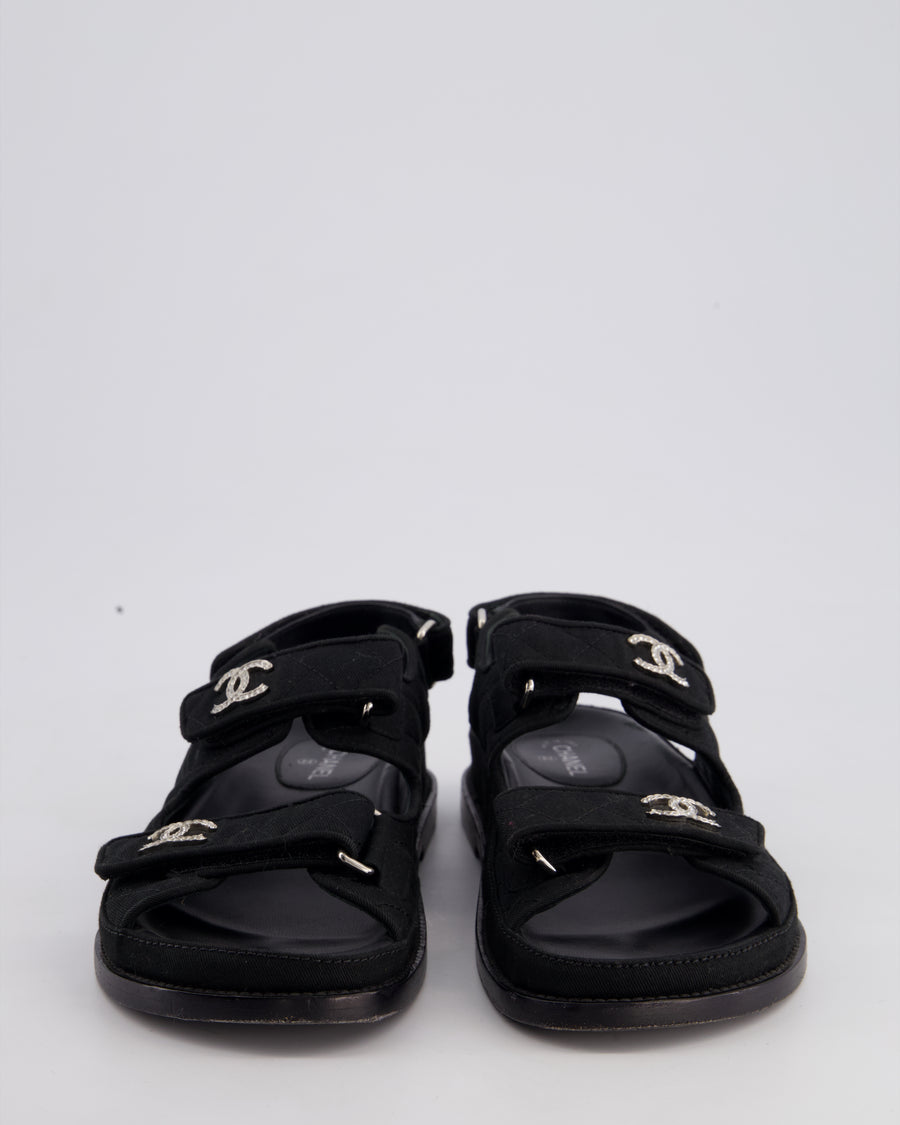Chanel Black Grosgrain Dad Sandals with Crystal CC Logo Size EU 36.5