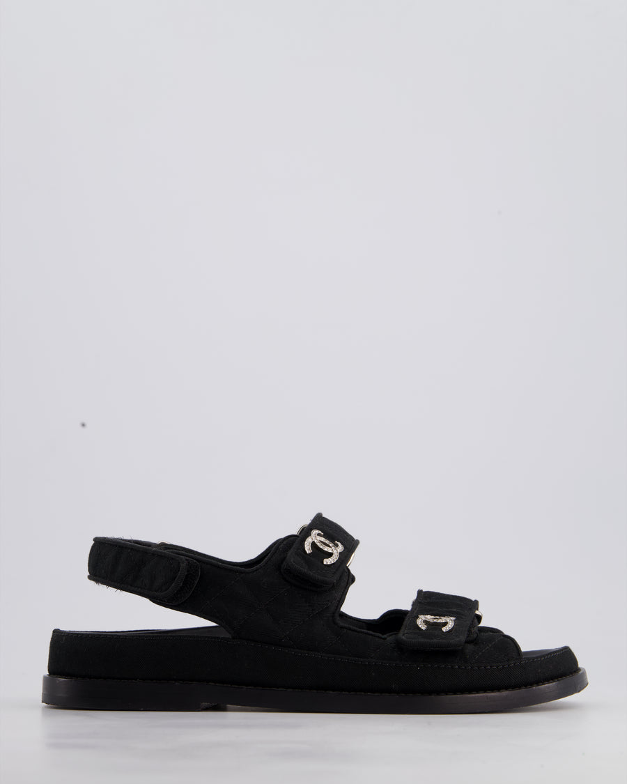Chanel Black Grosgrain Dad Sandals with Crystal CC Logo Size EU 36.5