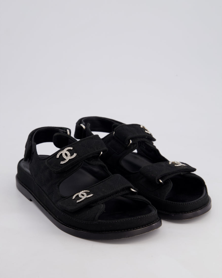 Chanel Black Grosgrain Dad Sandals with Crystal CC Logo Size EU 36.5