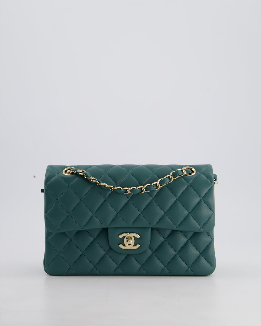 Chanel Green Small Classic Double Flap Bag in Lambskin Leather with Champagne Gold Hardware